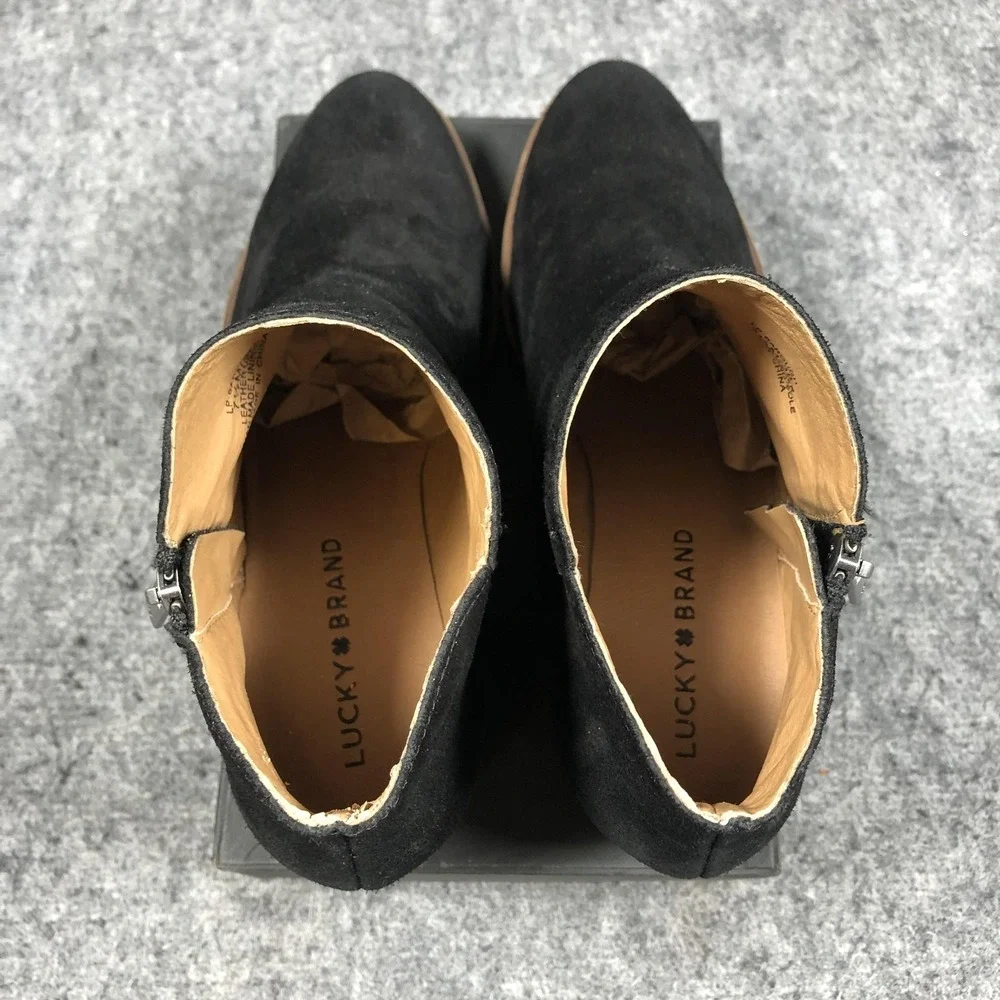 Lucky Brand Barough Booties Womens 7.5M Black Suede Block Heel Zip LP-BAROUGH